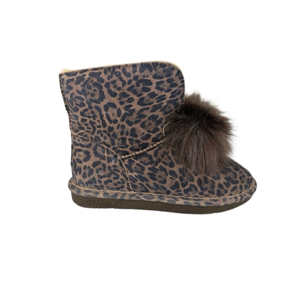 BEARPAW Libby Suede Sheepskin Pom Pom Boot Animal Print Women's Size‎ 7 No Box